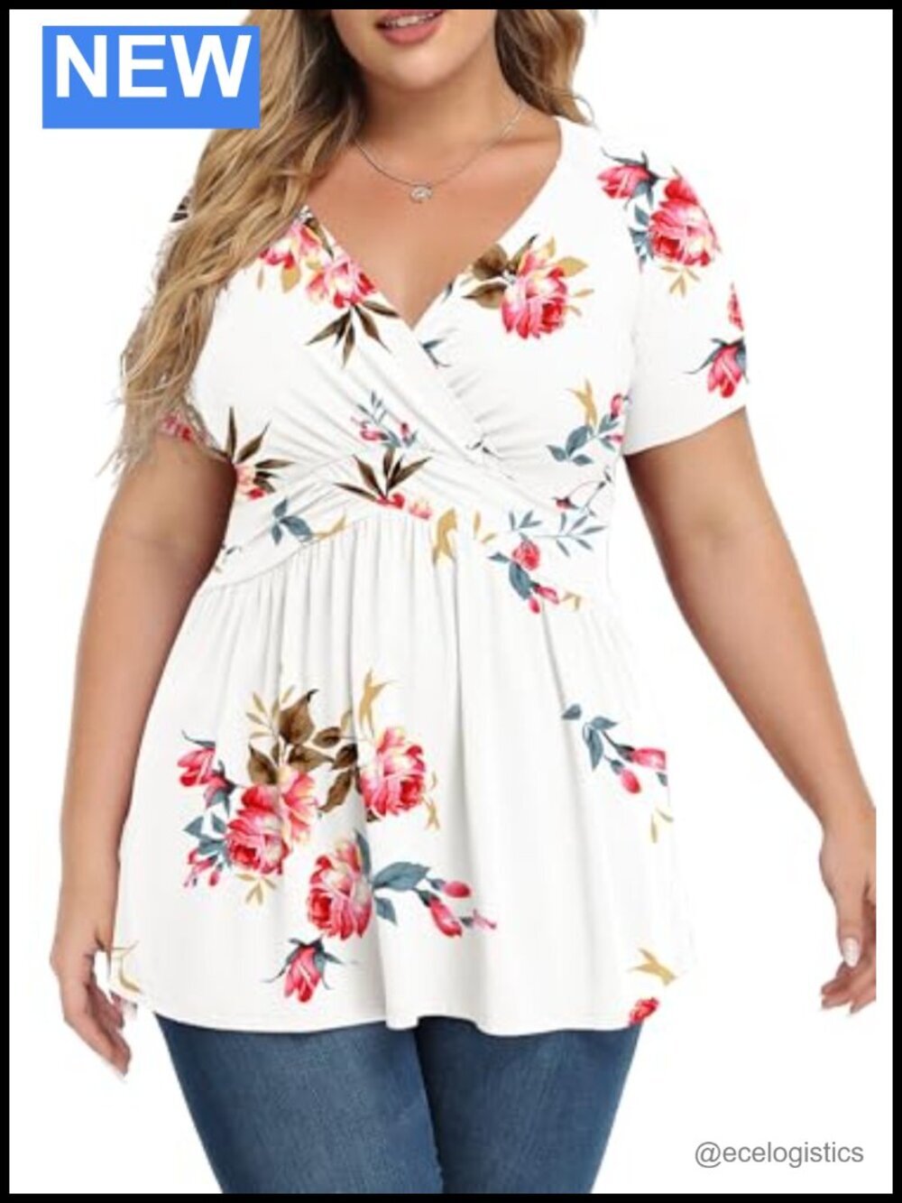 Plus Size Short Sleeve V Neck Tunic Top Wrap Empire Waist Flowy Blouse